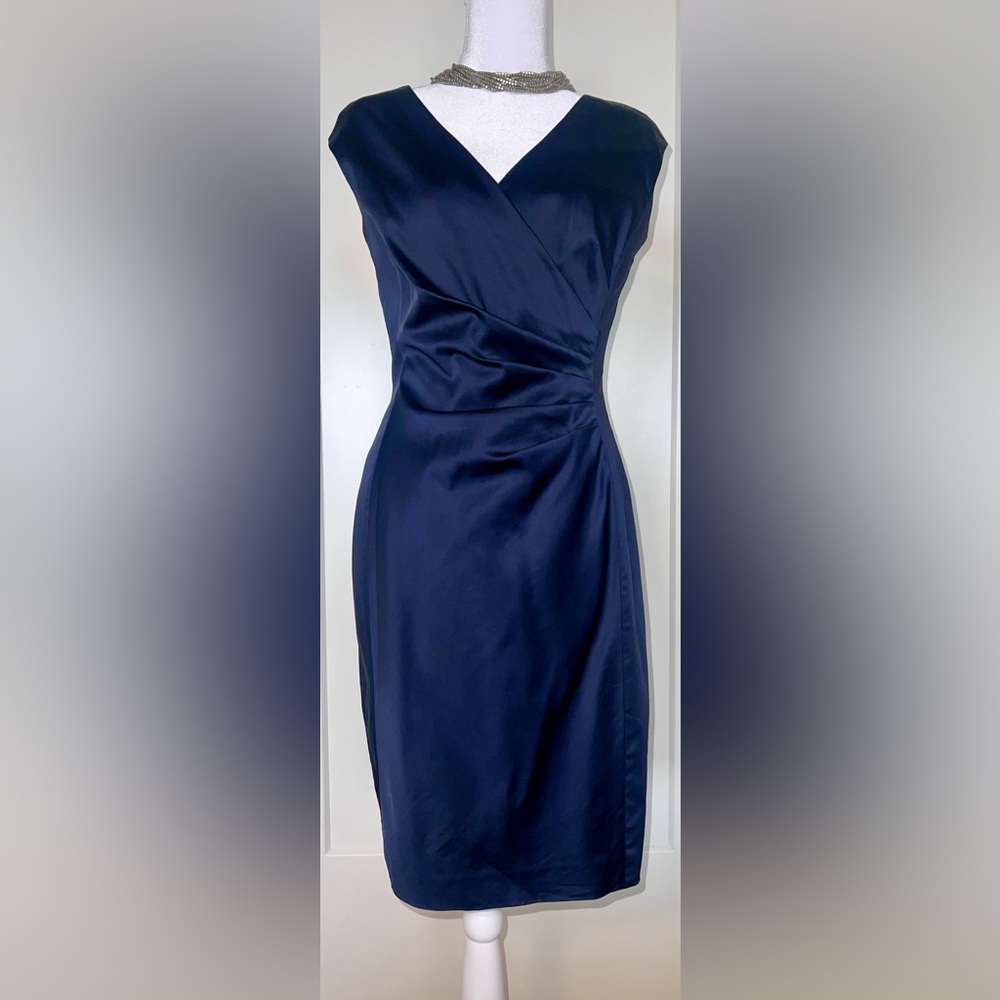 LAUREN RALPH LAUREN navy blue satin ruched front faux wrap cocktail dress size 8
